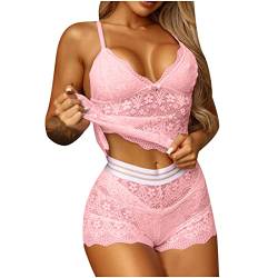 Unterwäsche Frauen Sexy Set Schlafanzug Damen Sexy Pyjama Set Nachtwäsche Kurz Hausanzug Spitzen Cami Top und Shorts Negligee V-Ausschnitt Loungewäsche Sleepwear Schlafanzüge, rosa, L von CSKJ