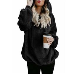 Winterjacke Damen - Hoodie Damen Kapuzenpullover Teddy-Fleece Pullover Herbst Winter Warm Oberteil Langarm Einfarbig Casual Sweatshirt Hoodie Plüschjacke, schwarz, XL von CSKJ