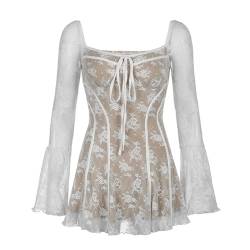 CSRP Französische Elegante Spitze weiß quadratischer Ausschnitt Gürtel Taille Flare Langarm rein sexy Kleid Herbst Damen-Weiß-L von CSRP