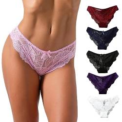 CSWH 5er-Pack Damen Hipster Unterwäsche Frauen Einfarbig und Spitze Unterhosen Bikini String Tanga Höschen Taillenslip Panties M-XL von CSWH