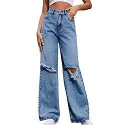 Jeans Damen Ripped Sommerhose Freizeithose Mädchen Weite Bein Jeanshose Ladies Plain Casual Hosen Outdoorhose Frau y2k Pants Trousers Clothes Bekleidung für Sommer (Dunkelblau,XS) von CSWH