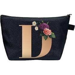 CTNUOBEE Kosmetiktasche mit Buchstaben-Motiv, goldfarbenes Alphabet mit Blume, Make-up-Tasche, tragbare Reisetasche, Reißverschluss, Kulturbeutel, personalisierte Geschenke für Frauen, D, Letter von CTNUOBEE