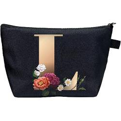 CTNUOBEE Kosmetiktasche mit Buchstaben-Motiv, goldfarbenes Alphabet mit Blume, Make-up-Tasche, tragbare Reisetasche, Reißverschluss, Kulturbeutel, personalisierte Geschenke für Frauen, L, Letter von CTNUOBEE