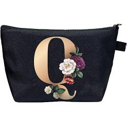 CTNUOBEE Kosmetiktasche mit Buchstaben-Motiv, goldfarbenes Alphabet mit Blume, Make-up-Tasche, tragbare Reisetasche, Reißverschluss, Kulturbeutel, personalisierte Geschenke für Frauen, Q, Letter von CTNUOBEE