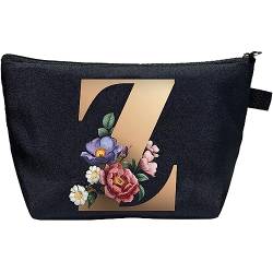 CTNUOBEE Kosmetiktasche mit Buchstaben-Motiv, goldfarbenes Alphabet mit Blume, Make-up-Tasche, tragbare Reisetasche, Reißverschluss, Kulturbeutel, personalisierte Geschenke für Frauen, Z, Letter von CTNUOBEE