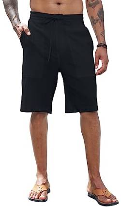 CTU Herren Leinen Shorts Baumwollshorts Elastische Taille Lässige Yoga Sommer Shorts Kurze Strandhosen Jogger mit Kordelzug Schwarz XL von CTU