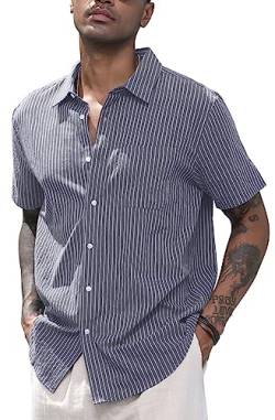 CTU Herren Leinenhemden Baumwollhemden mit kurzen Ärmeln Gestreiftes Button Down Hemd Freizeithemd Sommer Strand Hemd Grau L von CTU