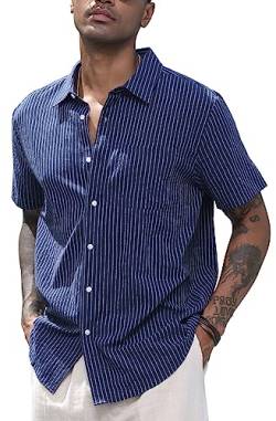 CTU Herren Leinenhemden Baumwollhemden mit kurzen Ärmeln Gestreiftes Button Down Hemd Freizeithemd Sommer Strand Hemd Marineblau L von CTU