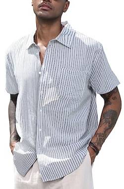 CTU Herren Leinenhemden Baumwollhemden mit kurzen Ärmeln Gestreiftes Button Down Hemd Freizeithemd Sommer Strand Hemd Weiß 3XL von CTU