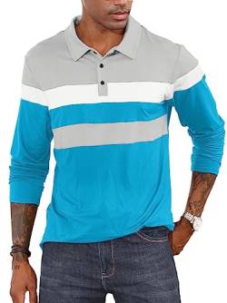CTU Herren Polohemden Langarm Kontrastfarbiges Hemd Patchwork Hemd Golf Tennis Oberteile Blau, M von CTU