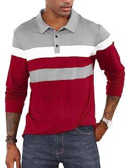 CTU Herren Polohemden Langarm Kontrastfarbiges Hemd Patchwork Hemd Golf Tennis Oberteile Rot, 3XL von CTU