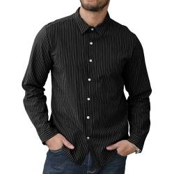 Herren Casual Baumwolle Leinen Hemd Langarm Gestreiftes Hemd Button Down Grandad Shirts M-3XL, Schwarz , M von CTU