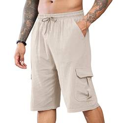 Herren-Leinen-Shorts, lässige Cargo-Shorts, elastische Taille, Kordelzug, Sommer-Strand-Shorts, M-3XL, beige, 56 von CTU