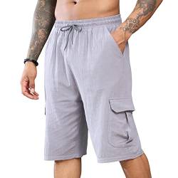 Herren-Leinen-Shorts, lässige Cargo-Shorts, elastische Taille, Kordelzug, Sommer-Strand-Shorts, M-3XL, grau, 56 von CTU