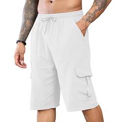 Herren Leinen-Shorts, legere Cargo-Shorts, elastische Taille, Kordelzug, Sommer, Strand, Shorts, M-3XL, weiß, XL von CTU