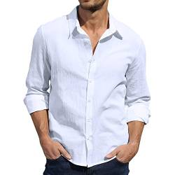 Herren Leinenhemd, lässig, Button-Down-Hemd, Hawaii-Strandhemd, S-3XL, weiß, XL von CTU