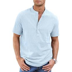 Herren-Leinenhemden, lässige Baumwolle, Henley-Ausschnitt, gestreiftes Hemd, Sommer-Kurzarmhemden von CTU