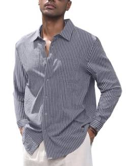 Herrenhemd aus Baumwoll-Leinen, langärmelig, gestreift, Button-Down-Shirt, Freizeithemd, grau, 3XL von CTU