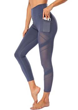 CUFFLLE Damen Mesh Hohe Taille Leggings Yogahose mit Taschen Bauchkontrolle Workout Yoga Leggings, dusty blue, XS von CUFFLLE
