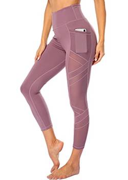 CUFFLLE Damen Mesh Hohe Taille Leggings Yogahose mit Taschen Bauchkontrolle Workout Yoga Leggings, rosa - dusty pink, XS von CUFFLLE