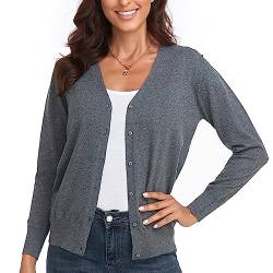 CUNYI Cardigan für Damen V-Ausschnitt Langarm Pullover mit Knöpfen Strickmantel Elegant, Grau L von CUNYI