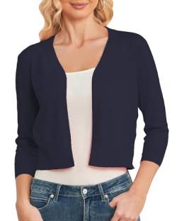 CUNYI Damen Bolero 3/4 Ärmel Strickjacke V-Ausschnitt Kurz Cardigan Leichter Elegant Casual Basic, Marine S von CUNYI