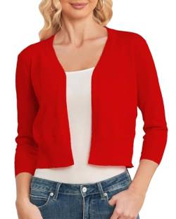 CUNYI Damen Bolero 3/4 Ärmel Strickjacke V-Ausschnitt Kurz Cardigan Leichter Elegant Casual Basic, Rot L von CUNYI