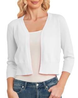 CUNYI Damen Bolero 3/4 Ärmel Strickjacke V-Ausschnitt Kurz Cardigan Leichter Elegant Casual Basic, Weiß S von CUNYI