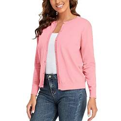 CUNYI Damen Strickjacke Pullover Langarm Klassisch Rundhals Damen Mantel mit Knöpfen Lässig Elegante Oberbekleidung, Rosa L von CUNYI