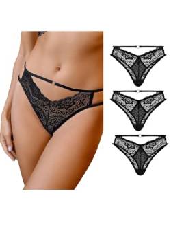 CUPSHE 3er Pack Damen Spitze Strings Tangas Sexy Unterwäsche Niedrige Taille Unterhosen Thongs Set Dessous Schwarz L von CUPSHE