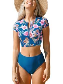 CUPSHE Damen-Badeanzug, zweiteilig, hohe Taille, kurze Ärmel, hoher Halsausschnitt, Reißverschluss vorne, Blau / Blumen, Large von CUPSHE