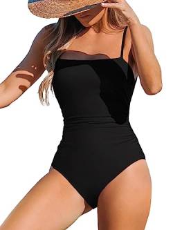 CUPSHE Damen Badeanzug Bandeau Bauchweg Raffung Quadratischer Ausschnitt Riemendesign Einteilige Bademode Swimsuit Schwarz L von CUPSHE