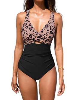 CUPSHE Damen Badeanzug Bauchweg Raffungen Crossover V Ausschnitt Zierausschnitten Tierdruck Einteilige Bademode Swimsuit Schwarz/Leopard XS von CUPSHE