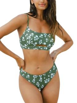 CUPSHE Damen-Badeanzug-Bikini-Sets, wendbar, quadratischer Ausschnitt, mittelhohe Taille, Gänseblümchen-Blumen-Badeanzug, Grün/Blumenmuster, Medium von CUPSHE