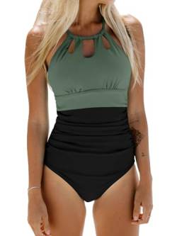 CUPSHE Damen Badeanzug High Neck Zierausschnitt Bauchweg Raffungen Strandmode Einteilige Bademode Swimsuit Schwarz/Grün XS von CUPSHE