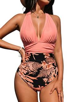 CUPSHE Damen Badeanzug Neckholder V Ausschnitt Bauchweg Monokini Rückenfrei Blumenmuster Raffungen Einteilige Bademode Swimsuit Korallenrosa L von CUPSHE