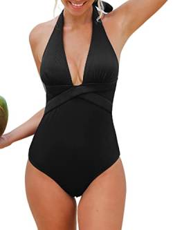 CUPSHE Damen Badeanzug Neckholder V Ausschnitt Crossover Gerippte Textur Einteilige Bademode Swimsuit L von CUPSHE