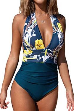 CUPSHE Damen Badeanzug Neckholder V-Ausschnitt Raffung Bauchweg Einteilige Bademode Swimsuit Indigoblau XS von CUPSHE