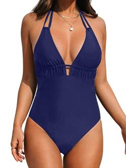 CUPSHE Damen Badeanzug Neckholder V Ausschnitt Shirred Riemchen Figurformend Einteilige Bademode Swimsuit Marineblau M von CUPSHE