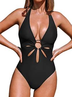 CUPSHE Damen Badeanzug Neckholder Zierausschnitten Ringen Einteilige Bademode Swimsuit Schwarz XL von CUPSHE