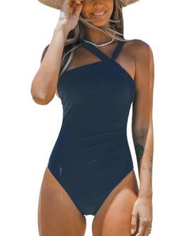 CUPSHE Damen Badeanzug One Shoulder Bauchweg Raffungen Asymmetrische Bademode Einteiliger Badeanzug Swimsuit Navy XL von CUPSHE