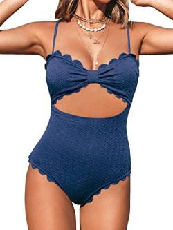 CUPSHE Damen Badeanzug Schleifen Wellenkante Bademode Cutout Figurformend Texturierte Einteilige Strandmode Swimsuit Blau XS von CUPSHE