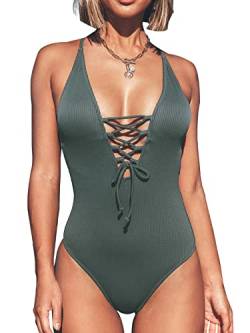 CUPSHE Damen Badeanzug Tiefer V Ausschnitt Lace Up Monokini Figurformend Unifarben Gerippte Einteilige Bademode Swimsuit Eden XS von CUPSHE