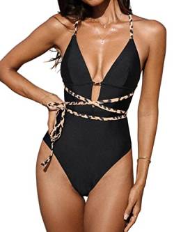 CUPSHE Damen Badeanzug Tiefer V Ausschnitt Leopard Riemchen Selbstbindung Crossover Einteilige Bademode Swimsuit Schwarz XS von CUPSHE