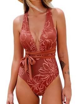 CUPSHE Damen Badeanzug Tiefer V Ausschnitt Monokini Selbstbindung Crossback Einteilige Bademode Swimsuit XL von CUPSHE