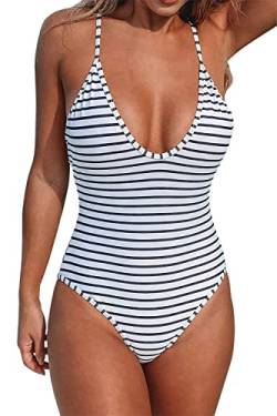 CUPSHE Damen Badeanzug U-Ausschnitt Streifenmuster Einteiler Swimsuit Strandmode Schwarz/Weiß M von CUPSHE