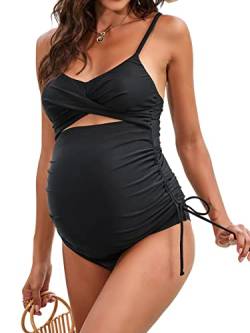 CUPSHE Damen Badeanzug Umstands-Tankini-Set 2-teiliger Badeanzug, ausgeschnittener V-Ausschnitt, Seitenbindung, Rückenkreuzung, XL, Schwarz von CUPSHE