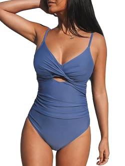 CUPSHE Damen Badeanzug V Ausschnitt Crossover Zierausschnitten Bauchweg Raffungen Einteilige Bademode Swimsuit Blau S von CUPSHE