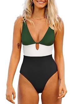 CUPSHE Damen Badeanzug V Ausschnitt Keyhole Colorblock Riemchen Einteilige Bademode Swimsuit Weiß XS von CUPSHE