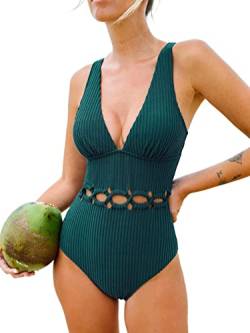 CUPSHE Damen Badeanzug V Ausschnitt Kreuzschnürung Zierausschnitten Einteilige Bademode Swimsuit XL von CUPSHE